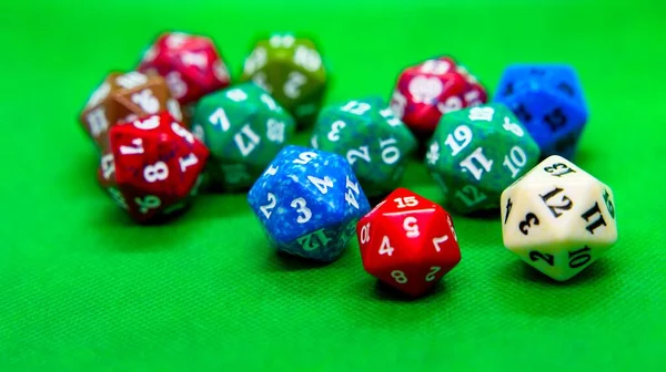 Several Colored Dice Role Playing Top Green Background — Stock Photo, Image