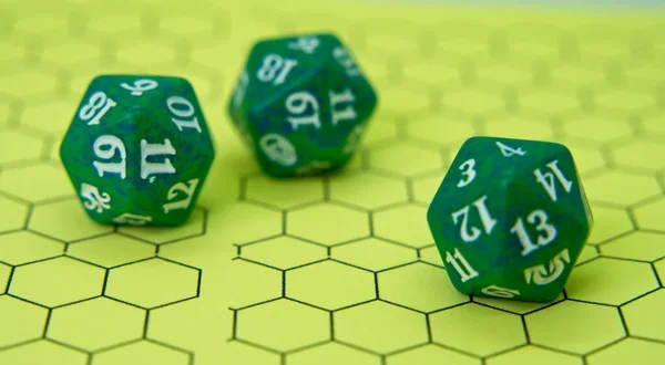 Role Playing Board Three Green Dice Top Pentagonal Shape — Stock Photo, Image