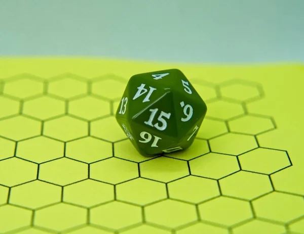 Role Playing Board Green Dice Top Pentagonal Shape — Stock Photo, Image