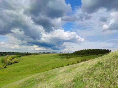 Yeşil çimen ve ağaçlarla kaplı yuvarlanan tepeler koyu bulutlu mavi gökyüzüne karşı
