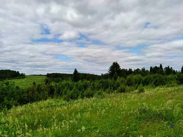 Cielo Azul Con Nubes Sobre Colinas Onduladas Con Hierba Verde —  Fotos de Stock