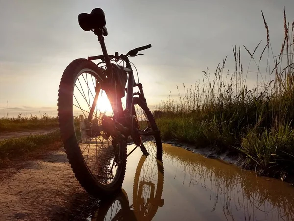 Велосипед Стороні Дороги Полі Проти Вечірніх Променів Сонця Заході Сонця — стокове фото