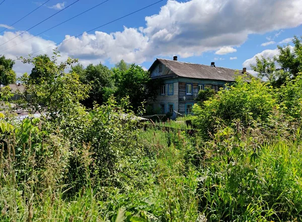 Vieille Maison Bois Milieu Une Cour Envahie Herbe Verte Buissons — Photo