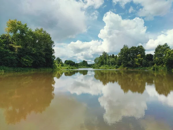 Schöne Spiegelung Wasser Eines Sees Aus Bäumen Und Blauem Himmel — Stockfoto