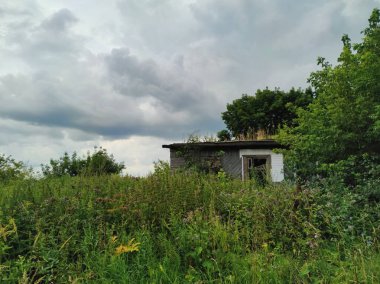 Çimlerin ve çalıların arasındaki terk edilmiş eski ev yağmurdan önce bulutlu bir gökyüzünün arka planına karşı.