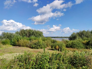 Kıyı şeridine yakın yeşil çalılar ve ağaçlar bulutlu mavi gökyüzüne karşı.