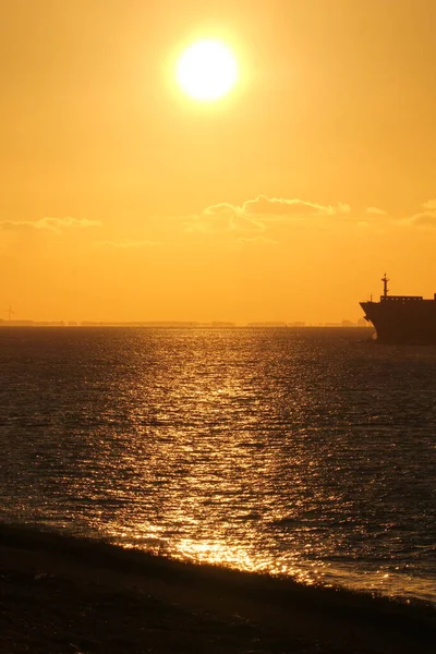 Beautiful Sunset Sea Orange Sky Sunray Black Water Westerschelde Sea — Stock Photo, Image