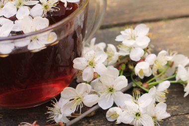 Bir bardak şeffaf çay ve ormandaki ahşap bir masada duran güzel bahar çiçekleri..