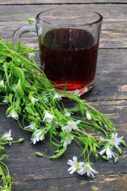Ormandaki ahşap bir masada bir fincan çayın yanında güzel beyaz orman çiçekleri..