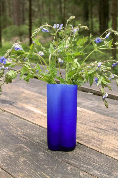 Small blue flowers in a blue vase on a wooden table against the background of the forest.