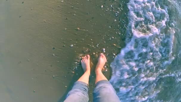 여자는 바다 근처에 서는 고 파도 그녀의 발에 그녀를 롤합니다 — 비디오