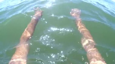 Ağır çekim. Bir kadının POV denizde yüzüyor.