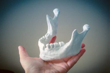 Bir kız avuç içindeki 3D yazıcıda çene izi tutuyor.