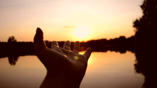 Svart siluett av hand flyttar det in luft, genom fingrarna genom strålar av sol — Stockvideo