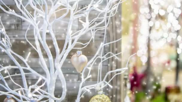 Petit arbre sec peint en couleur blanche décoré avec coeur de jouet décoratif — Video