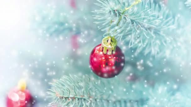 Christmas tree toys decorations and snow-covered Christmas tree branches — Stock Video