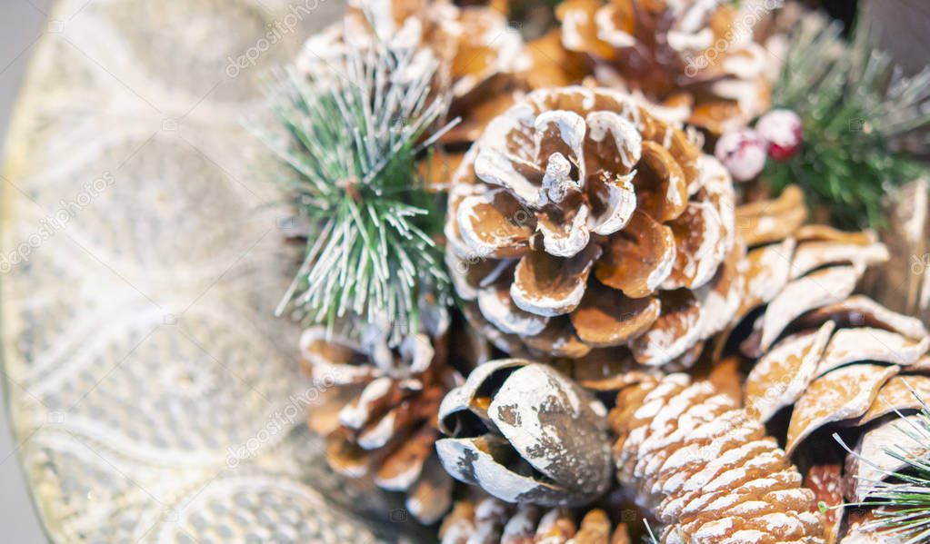 Natural Christmas New Years toy pine cone and Christmas tree branch close-up.