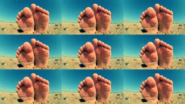 Nohy nohy rozházené sypané pískem broušené na písečnou pláž ckose-up. — Stock video