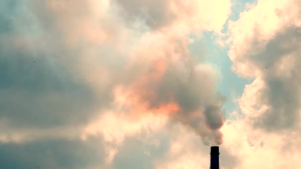 Donkere rook uit de schoorsteen toppen, hemel met wolken in de achtergrond — Stockvideo