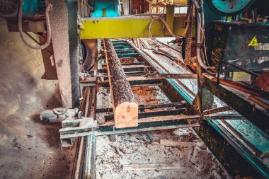 Kereste fabrikası. Yel değirmeninin kola makinesi günlüklerinde işleme işlemi t testereleri