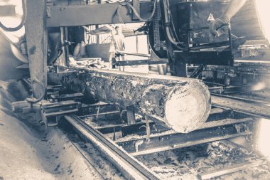 Kereste fabrikası. Yel değirmeninin kola makinesi günlüklerinde işleme işlemi t testereleri