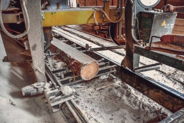 Kereste fabrikası. Yel değirmeninin kola makinesi günlüklerinde işleme işlemi t testereleri