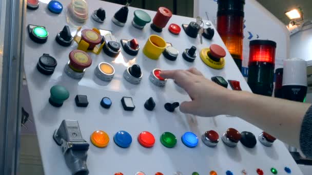 Person clicks pushing on the control panel buttons and pressing lever close-up. — Stock Video