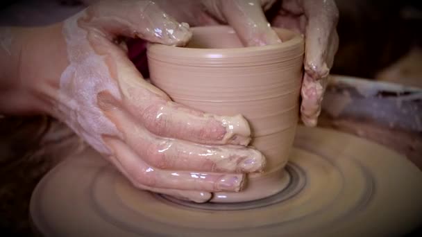 Girl Sculpts Clay Pot Closeup Modeling Clay Close Caucasian Man — Stock Video