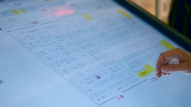 Kız çizim parmakları ile büyük dokunmatik ekranda hareket