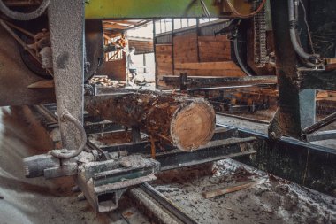 Kereste fabrikası. Yel değirmeninin kola makinesi günlüklerinde işleme işlemi t testereleri