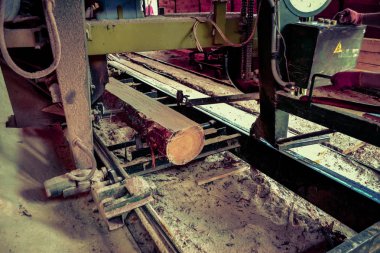 Kereste fabrikası. Yel değirmeninin kola makinesi günlüklerinde işleme işlemi t testereleri