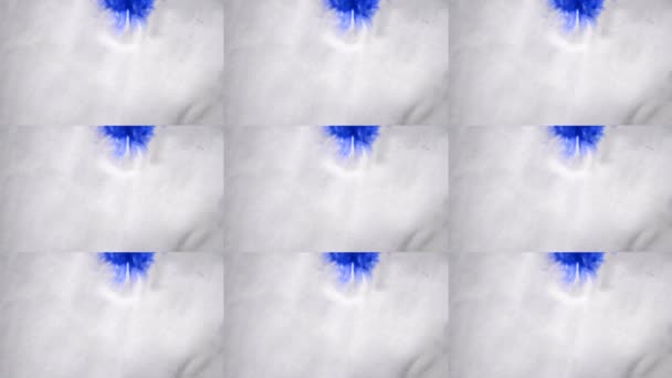 Mooie blauwe inkt druppels op witte natte gladde oppervlak verspreiding. — Stockvideo