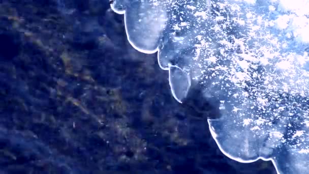 Gros plan sur la glace et l'eau courante . — Video