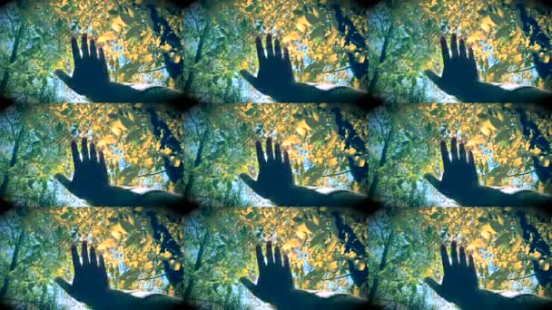 POV of hand of man who moves it in air, through fingers through rays — Stock Video
