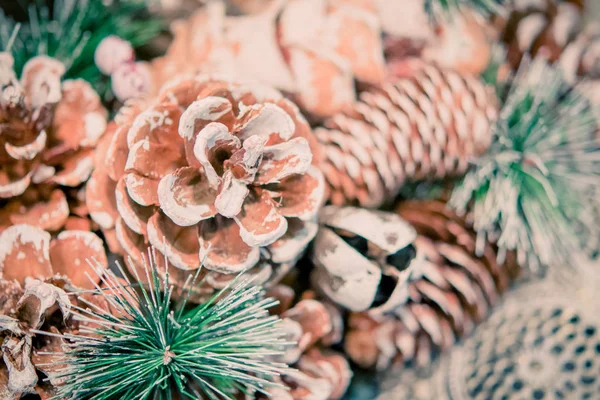 Navidad natural Año Nuevo juguete cono de pino y rama de árbol de Navidad de cerca — Foto de Stock