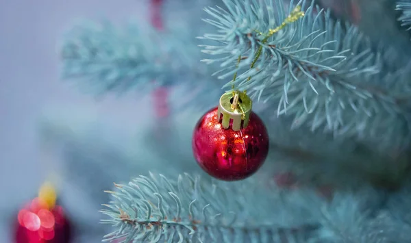 Kerstboom speelgoed decoraties en sneeuw bedekte kerstboom takken — Stockfoto