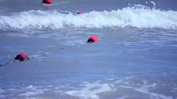 Velhas bóias vermelhas com algas verdes flutuam em ondas no mar — Vídeo de Stock