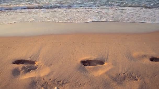 Kanten av vatten vågor hav spår av mänsklig sand — Stockvideo