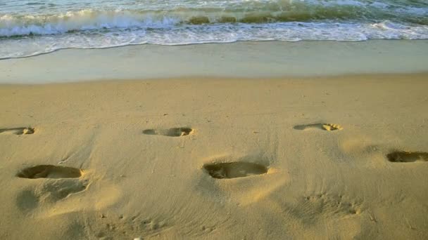 Rand van water golven zee sporen van menselijk zand — Stockvideo