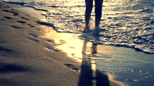 La niña está de pie cerca del mar y las olas la hacen rodar en sus pies por la mañana — Vídeo de stock