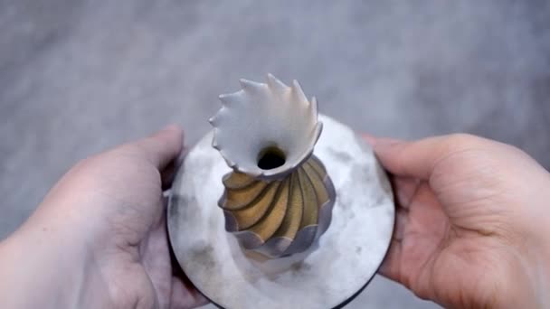 De mens houdt object gedrukt op metalen 3D printer. — Stockvideo