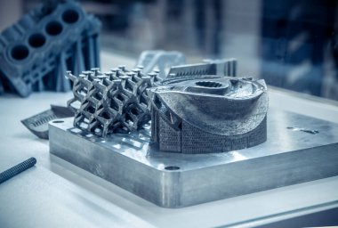 Adam metal 3D yazıcıya basılı nesne tutuyor. Nesne lazer sindirim makinesine basılmış. Metal tozundan modern 3D yazıcı baskısı. İlerici katkı maddesi DMLS, SLM, SLS 3D yazdırma teknolojisi