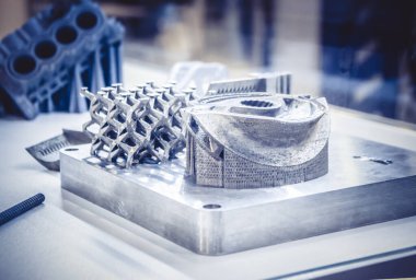 Adam metal 3D yazıcıya basılı nesne tutuyor. Nesne lazer sindirim makinesine basılmış. Metal tozundan modern 3D yazıcı baskısı. İlerici katkı maddesi DMLS, SLM, SLS 3D yazdırma teknolojisi