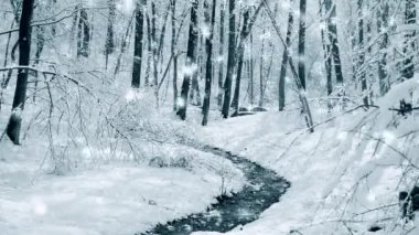 Büyülü ormanda çam çamı filizlenir kar yağışı yağarken.