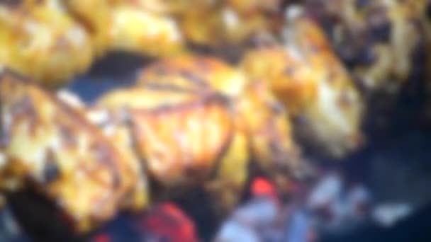 Darabok hús shish kebab a tűz közeli kép. — Stock videók