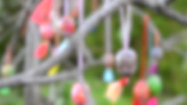 Rozmazané pozadí. malované velikonočním vejcem visícím na větvi — Stock video