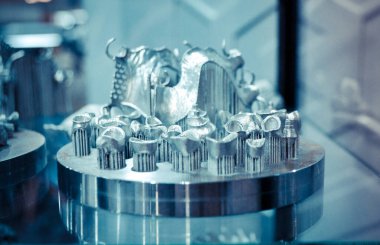 Metal 3D yazıcıya yakın plan basılmış. Nesne lazer sindirim makinesine basılmış. Metal tozundan modern 3D yazıcı baskısı. Kavramsal katkı maddesi DMLS, SLM, SLS 3D yazdırma teknolojisi