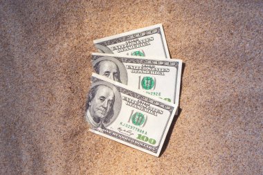 Kumsalda kumla kaplanmış paranın yarısı yakın planda duruyor..