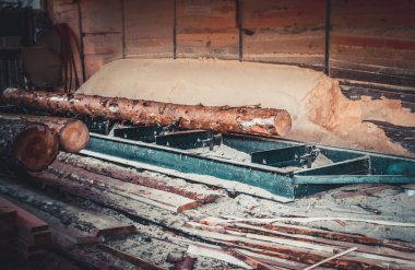 Bıçkıhane. bıçkıhane makinesindeki makine kayıtları ağaç gövdesini testereyle keser