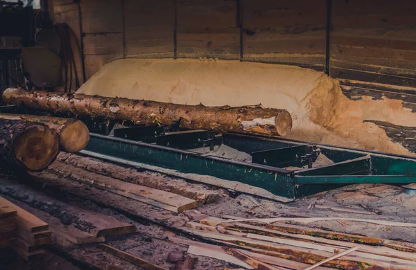 Sågverk. Bearbetning av stockar i sågverksmaskiner sågar trädstammen — Stockfoto